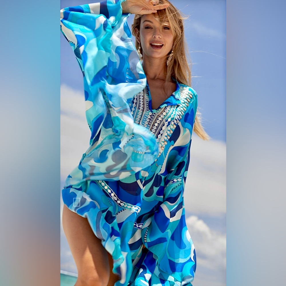 MISS JUNE Vibrant Blue Patterned Kaftan (w/imperfection)💦
